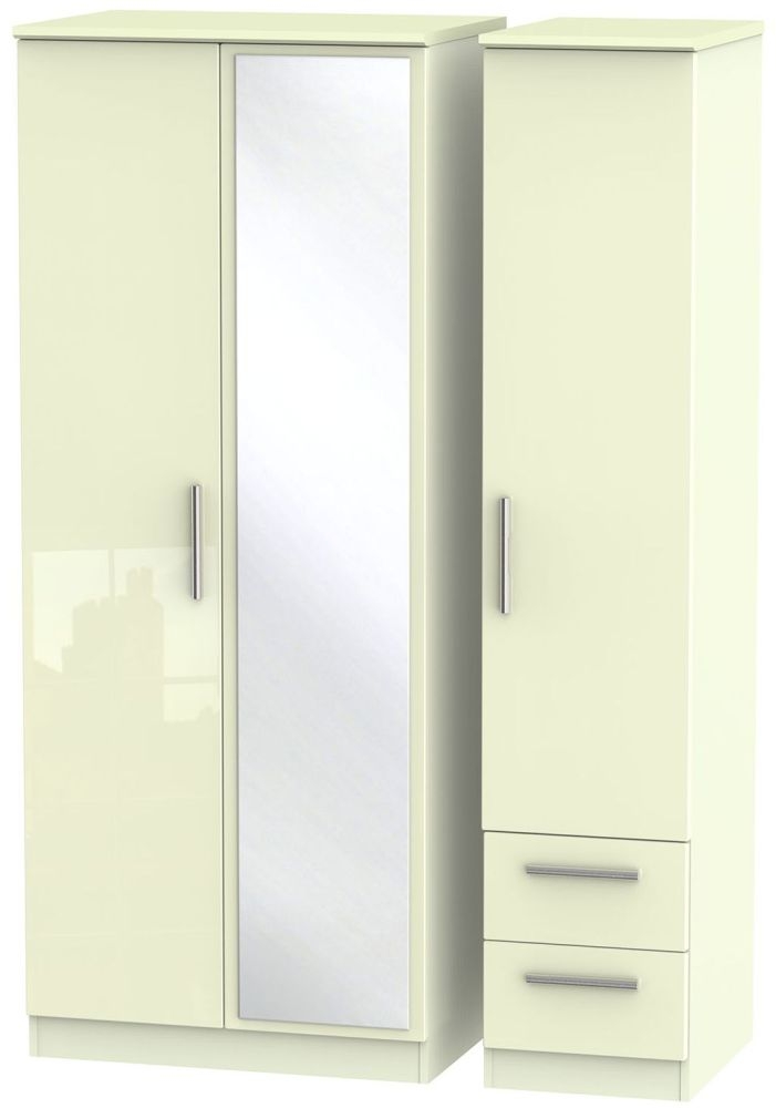 Knightsbridge High Gloss Cream 3 Door 2 Right Drawer Combi Wardrobe