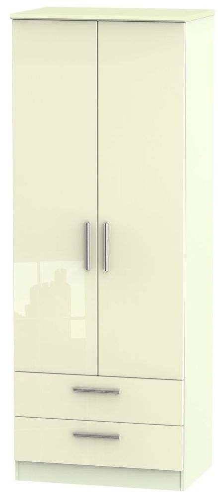 Knightsbridge High Gloss Cream 2 Door 2 Drawer Tall Wardrobe