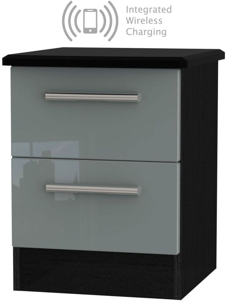 Knightsbridge 2 Drawer Bedside Cabinet With Integrated Wireless Charging High Gloss Grey And Black