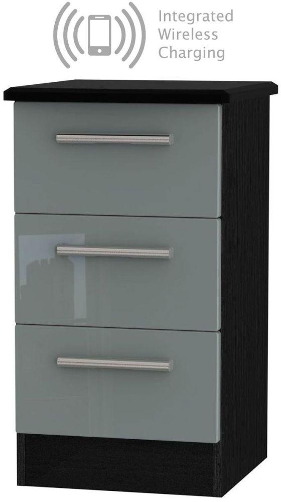 Knightsbridge 3 Drawer Bedside Cabinet With Integrated Wireless Charging High Gloss Grey And Black