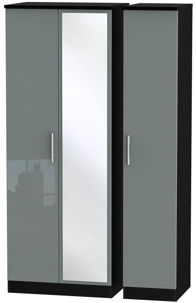 Knightsbridge 3 Door Tall Mirror Wardrobe High Gloss Grey And Black