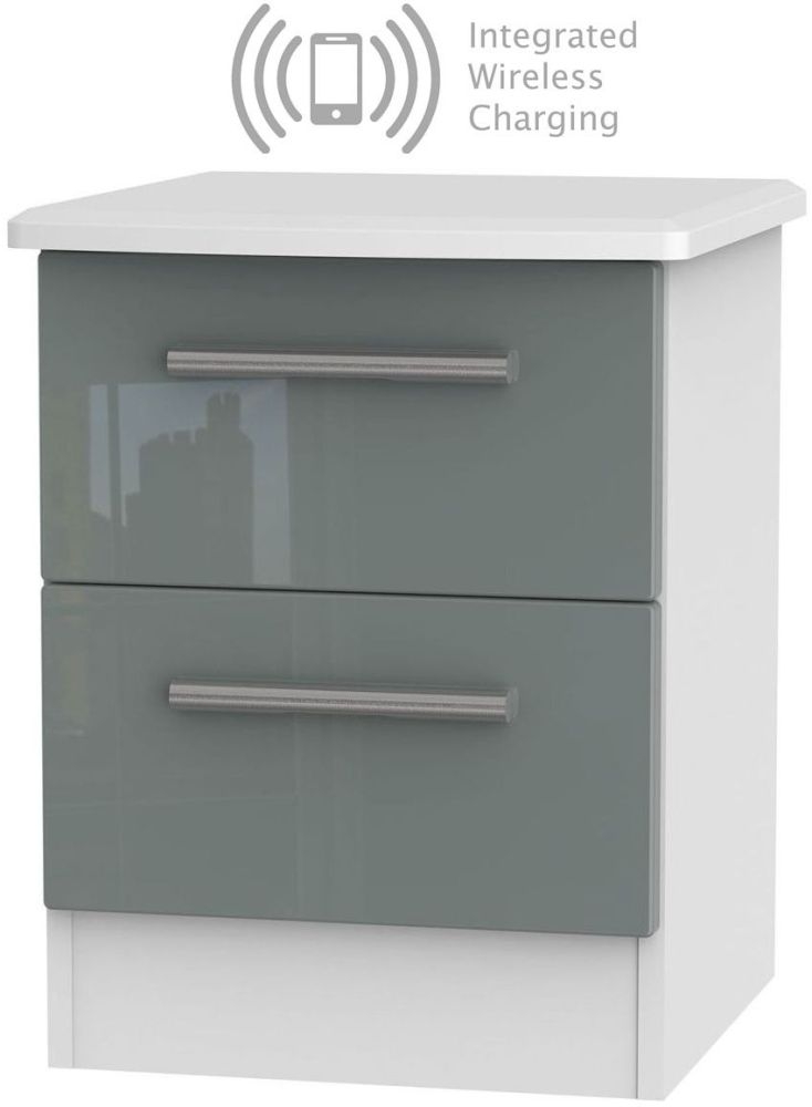 Knightsbridge 2 Drawer Bedside Cabinet With Integrated Wireless Charging High Gloss Grey And White