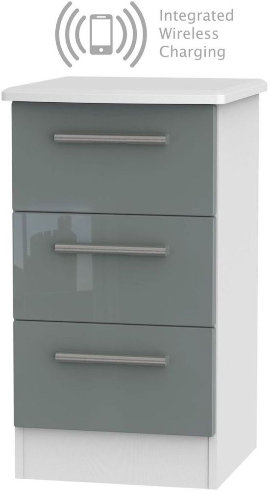Knightsbridge 3 Drawer Bedside Cabinet With Integrated Wireless Charging High Gloss Grey And White
