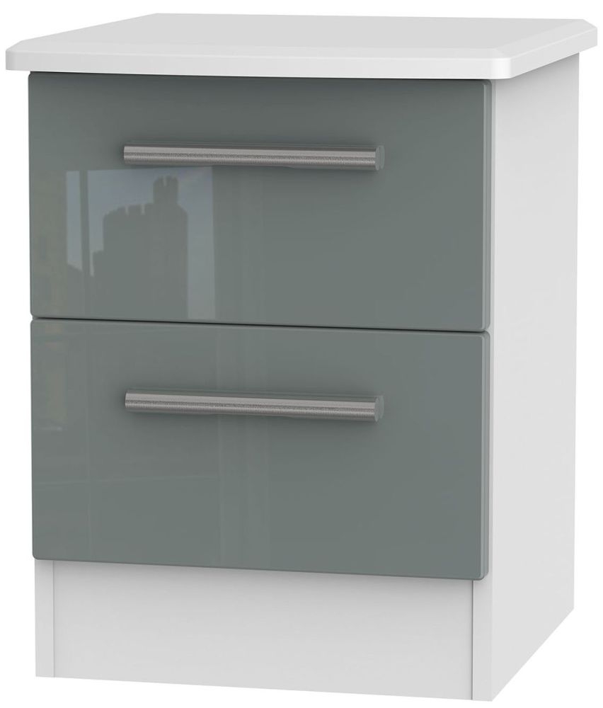 Knightsbridge 2 Drawer Bedside Cabinet High Gloss Grey And White