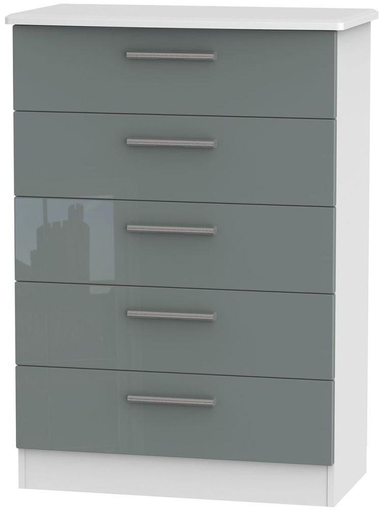 Knightsbridge 5 Drawer Chest High Gloss Grey And White