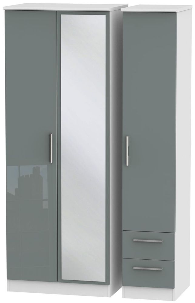 Knightsbridge 3 Door 2 Right Drawer Tall Combi Wardrobe High Gloss Grey And White