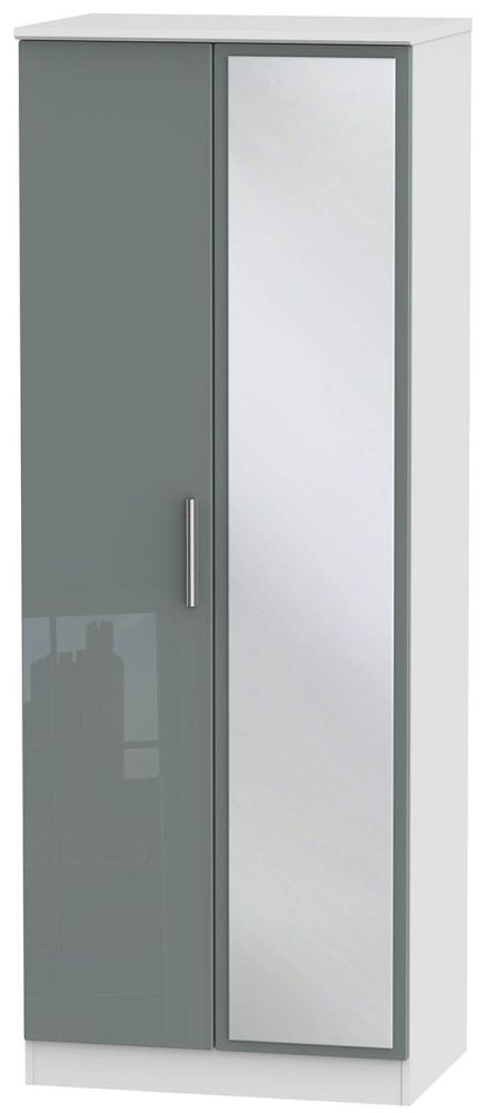 Knightsbridge 2 Door Tall Mirror Wardrobe High Gloss Grey And White