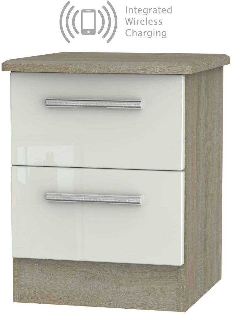 Knightsbridge 2 Drawer Bedside Cabinet With Integrated Wireless Charging High Gloss Kaschmir And Darkolino