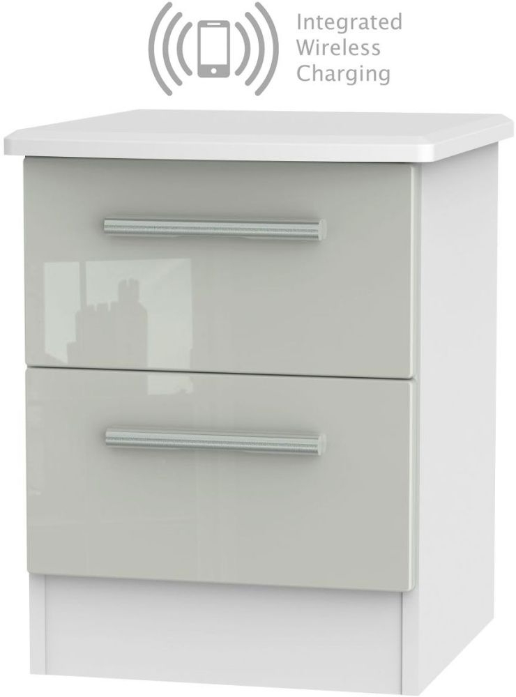 Knightsbridge 2 Drawer Bedside Cabinet With Integrated Wireless Charging High Gloss Kaschmir And White