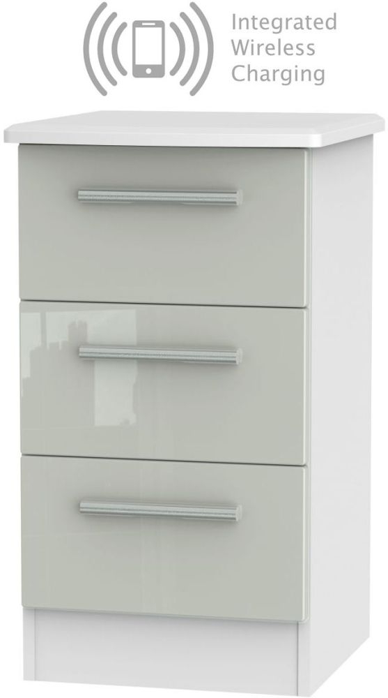 Knightsbridge 3 Drawer Bedside Cabinet With Integrated Wireless Charging High Gloss Kaschmir And White