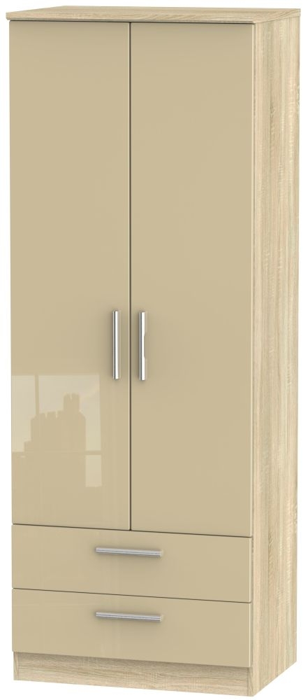 Knightsbridge 2 Door 2 Drawer Tall Wardrobe High Gloss Mushroom And Bardolino