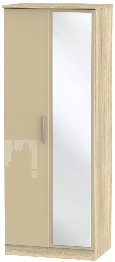 Knightsbridge 2 Door Tall Mirror Wardrobe High Gloss Mushroom And Bardolino