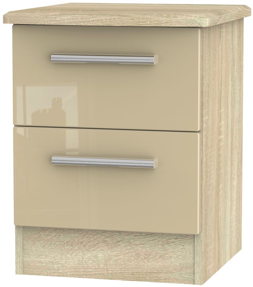 Knightsbridge 2 Drawer Bedside Cabinet High Gloss Mushroom And Bardolino