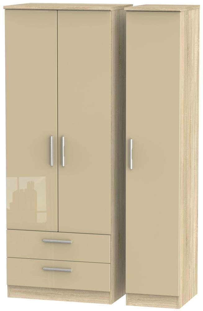 Knightsbridge 3 Door 2 Left Drawer Tall Wardrobe High Gloss Mushroom And Bardolino