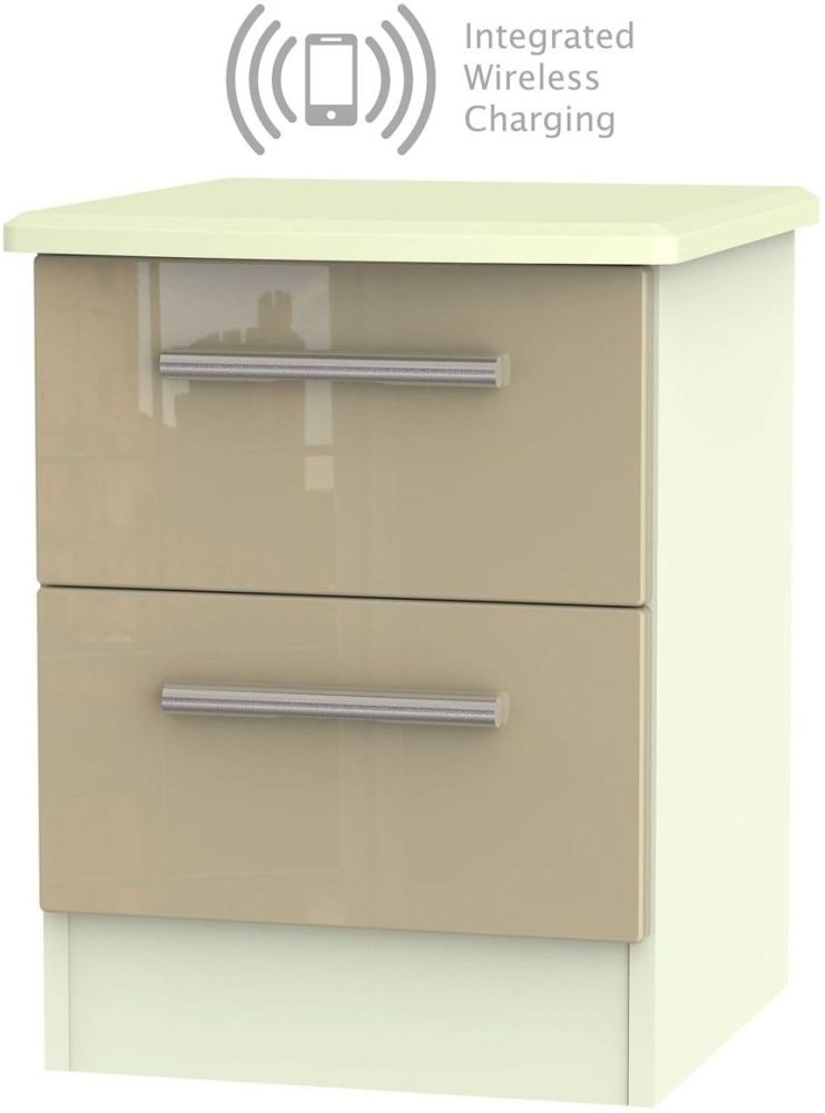 Knightsbridge 2 Drawer Bedside Cabinet With Integrated Wireless Charging High Gloss Mushroom And Cream
