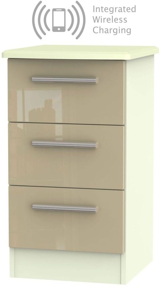 Knightsbridge 3 Drawer Bedside Cabinet With Integrated Wireless Charging High Gloss Mushroom And Cream