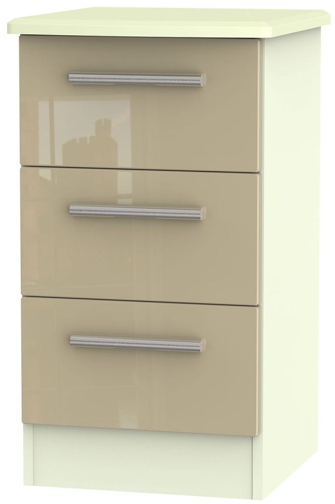 Knightsbridge 3 Drawer Bedside Cabinet High Gloss Mushroom And Cream