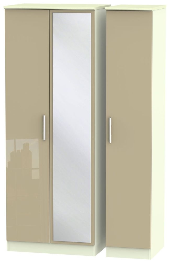 Knightsbridge 3 Door Tall Mirror Wardrobe High Gloss Mushroom And Cream