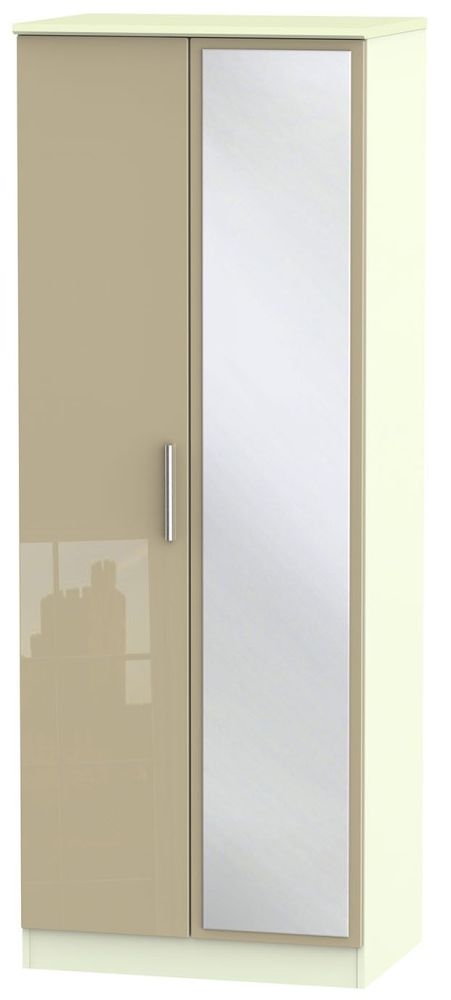 Knightsbridge 2 Door Tall Mirror Wardrobe High Gloss Mushroom And Cream