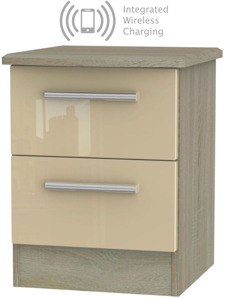 Knightsbridge 2 Drawer Bedside Cabinet With Integrated Wireless Charging High Gloss Mushroom And Darkolino