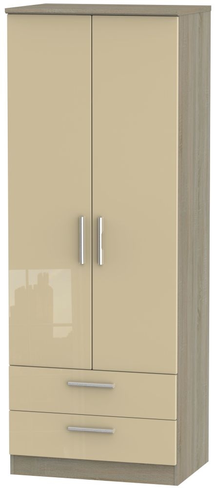 Knightsbridge 2 Door 2 Drawer Tall Wardrobe High Gloss Mushroom And Darkolino