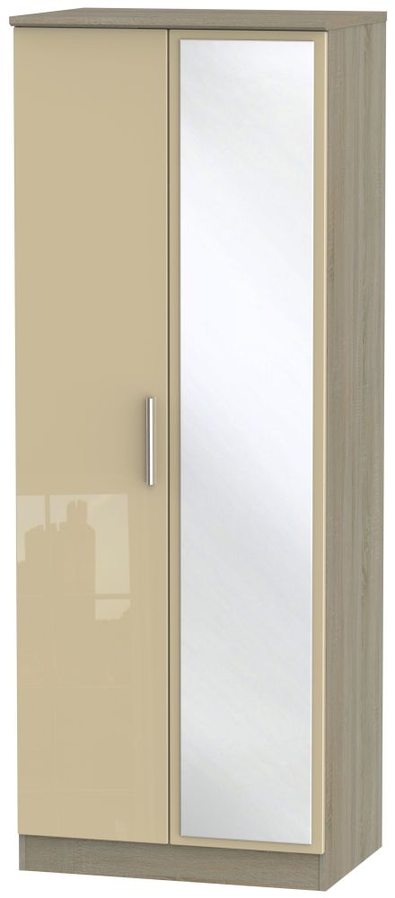 Knightsbridge 2 Door Tall Mirror Wardrobe High Gloss Mushroom And Darkolino