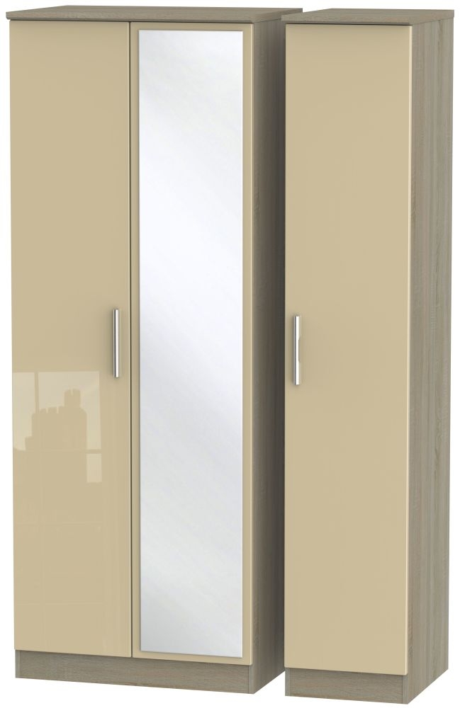 Knightsbridge 3 Door Tall Mirror Wardrobe High Gloss Mushroom And Darkolino