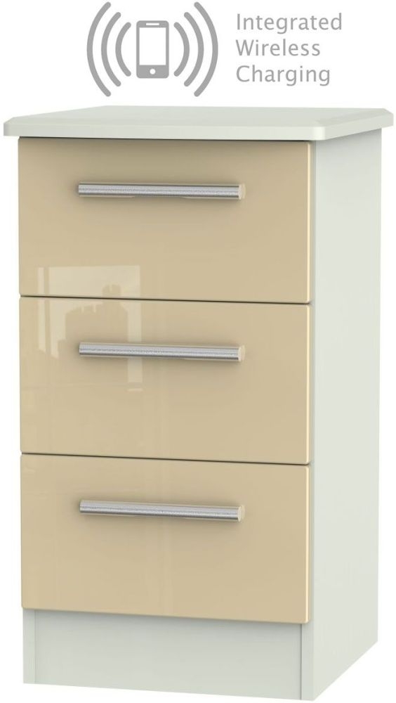 Knightsbridge 3 Drawer Bedside Cabinet With Integrated Wireless Charging High Gloss Mushroom And Kaschmir Matt