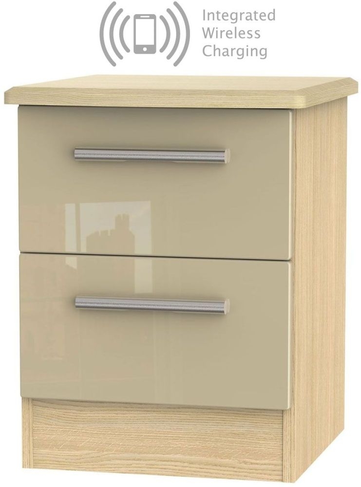 Knightsbridge 2 Drawer Bedside Cabinet With Integrated Wireless Charging High Gloss Mushroom And Light Oak