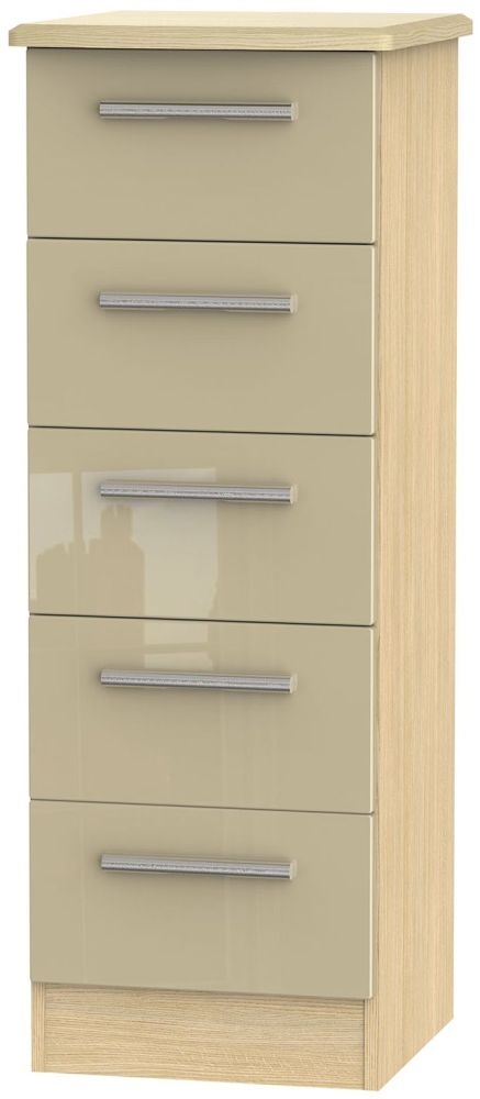 Knightsbridge 5 Drawer Tall Chest High Gloss Mushroom And Light Oak