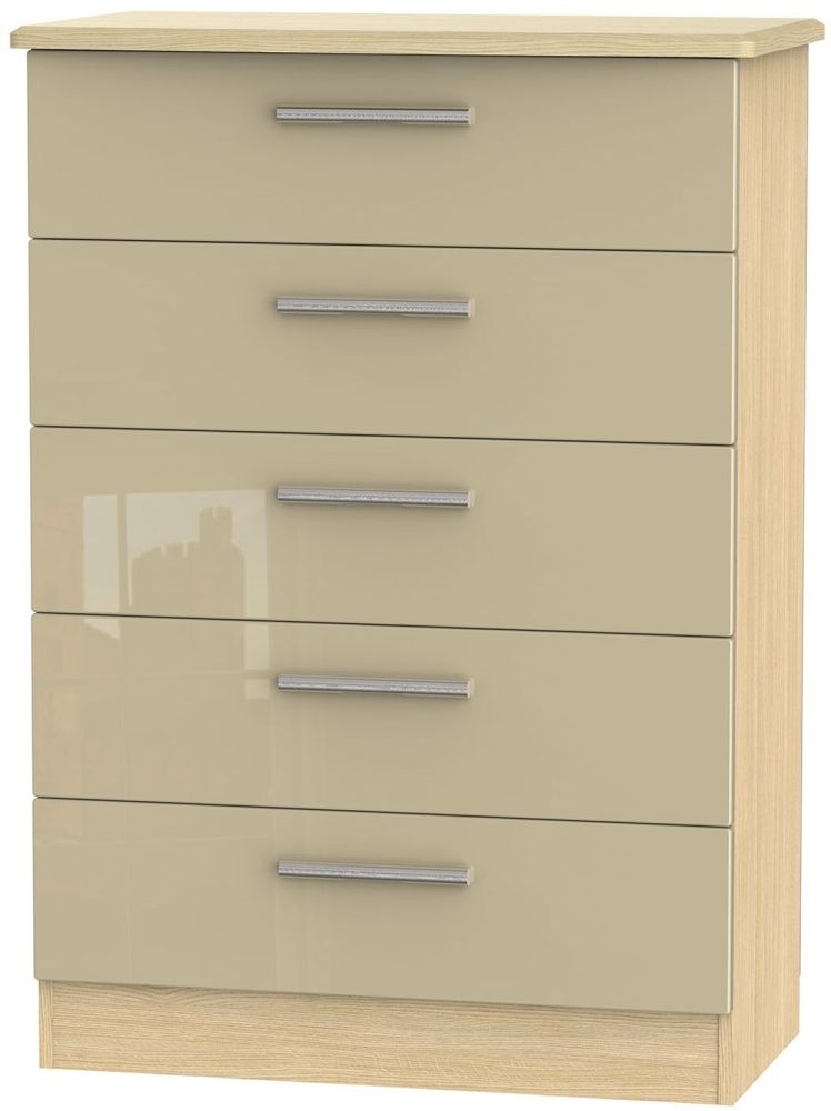 Knightsbridge 5 Drawer Chest High Gloss Mushroom And Light Oak