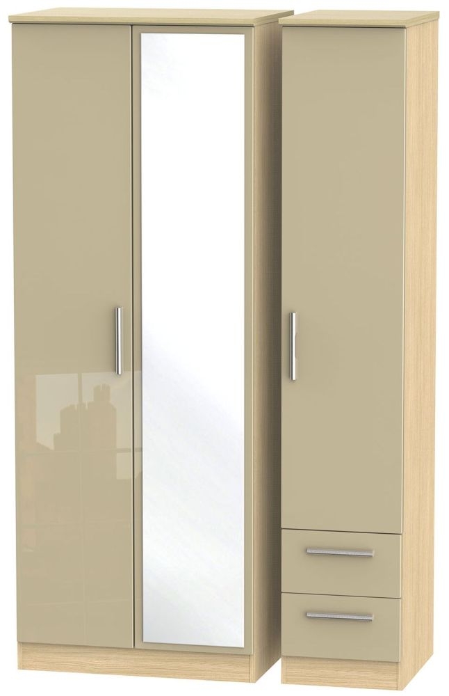 Knightsbridge 3 Door 2 Right Drawer Tall Combi Wardrobe High Gloss Mushroom And Light Oak