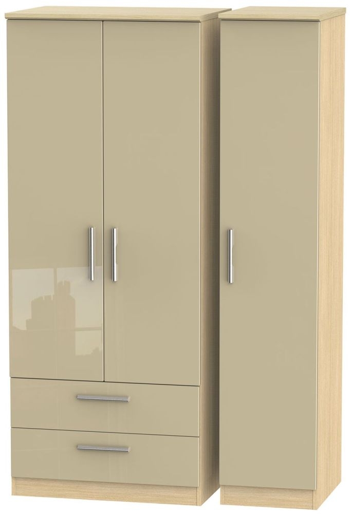 Knightsbridge 3 Door 2 Left Drawer Wardrobe High Gloss Mushroom And Light Oak