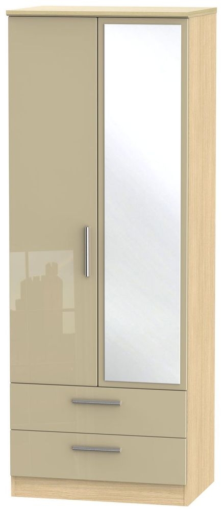 Knightsbridge 2 Door Tall Combi Wardrobe High Gloss Mushroom And Light Oak