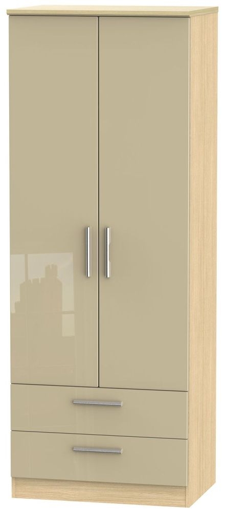 Knightsbridge 2 Door 2 Drawer Tall Wardrobe High Gloss Mushroom And Light Oak