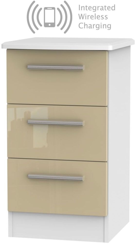 Knightsbridge 3 Drawer Bedside Cabinet With Integrated Wireless Charging High Gloss Mushroom And White