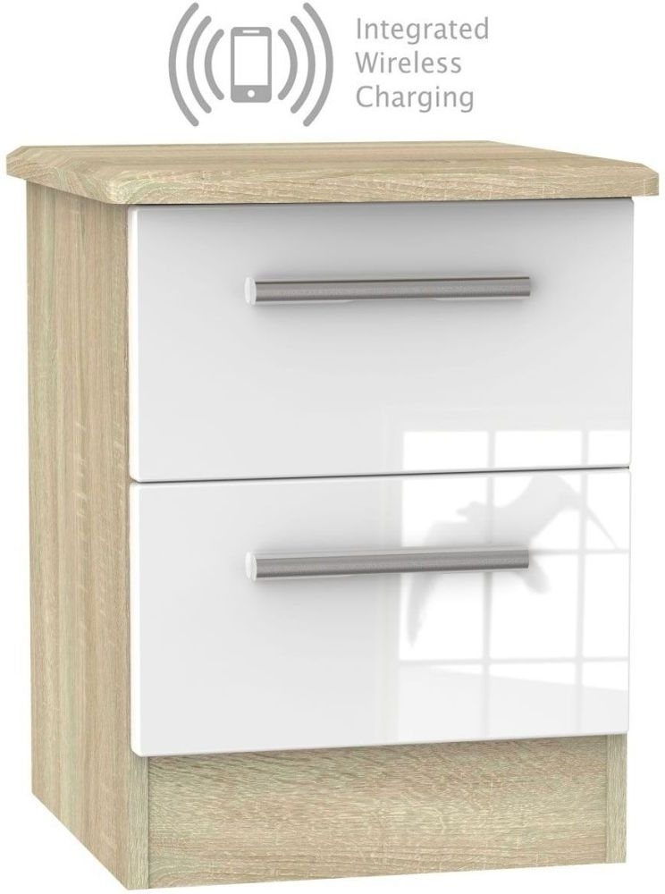 Knightsbridge 2 Drawer Bedside Cabinet With Integrated Wireless Charging High Gloss White And Bardolino