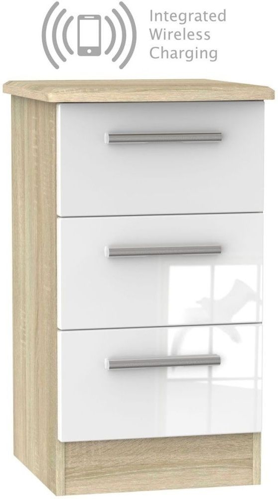 Knightsbridge 3 Drawer Bedside Cabinet With Integrated Wireless Charging High Gloss White And Bardolino