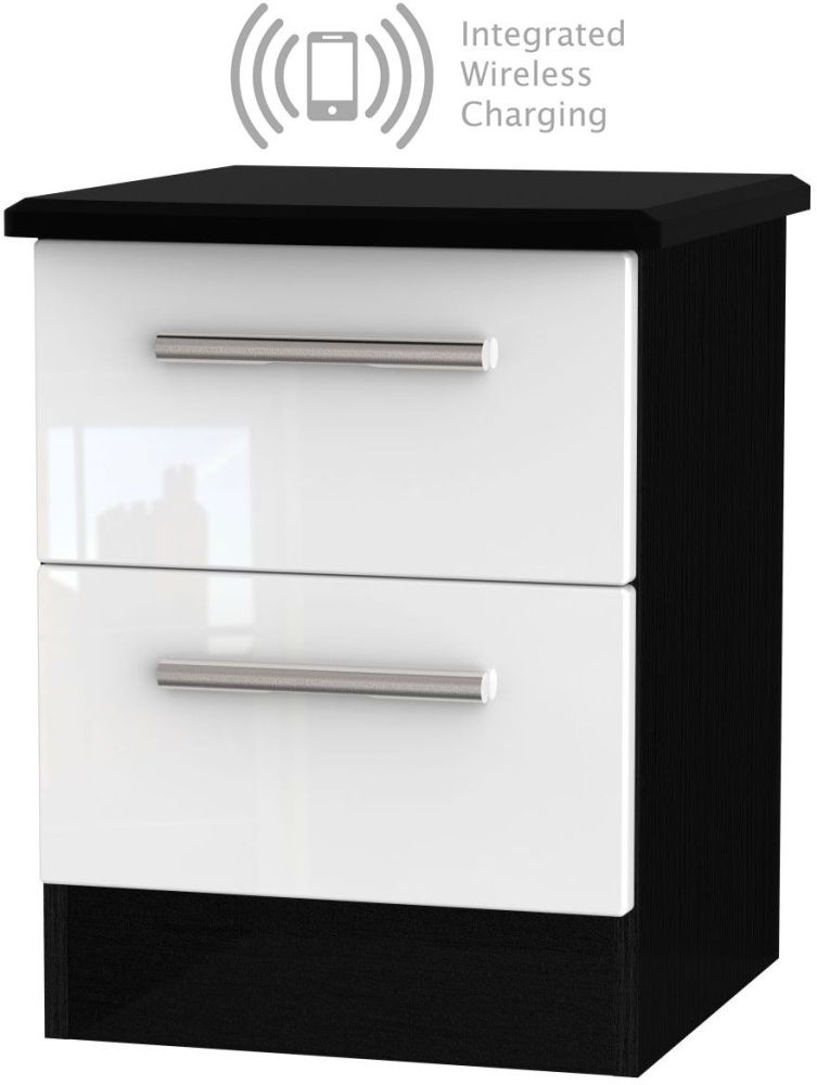 Knightsbridge 2 Drawer Bedside Cabinet With Integrated Wireless Charging High Gloss White And Black