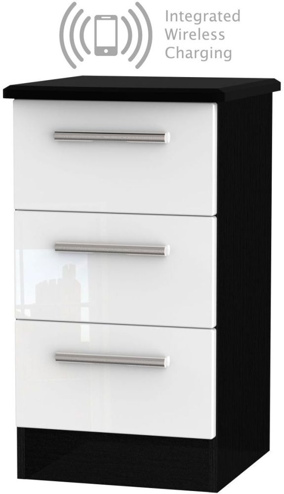 Knightsbridge 3 Drawer Bedside Cabinet With Integrated Wireless Charging High Gloss White And Black