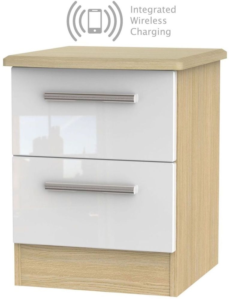 Knightsbridge 2 Drawer Bedside Cabinet With Integrated Wireless Charging High Gloss White And Light Oak