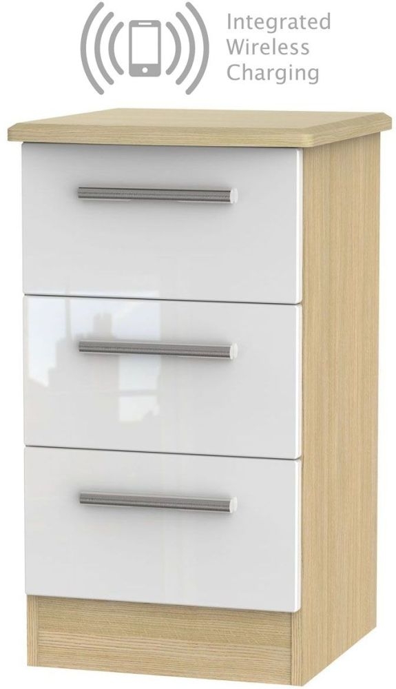 Knightsbridge 3 Drawer Bedside Cabinet With Integrated Wireless Charging High Gloss White And Light Oak