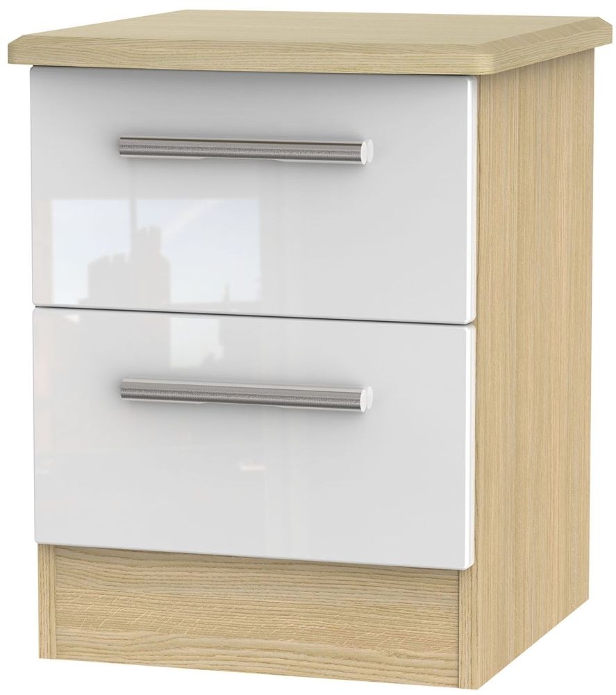 Knightsbridge 2 Drawer Bedside Cabinet High Gloss White And Light Oak