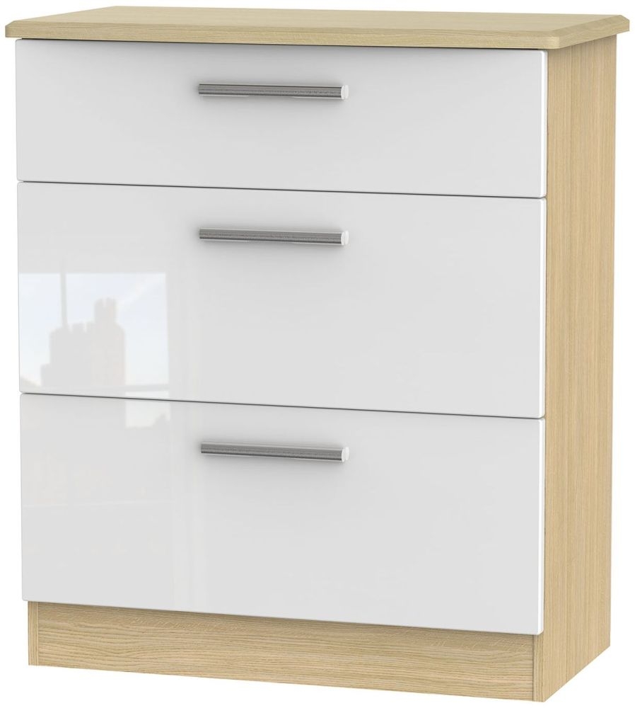 Knightsbridge 3 Drawer Deep Chest High Gloss White And Light Oak