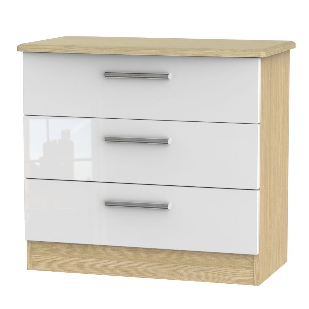 Knightsbridge 3 Drawer Chest High Gloss White And Light Oak