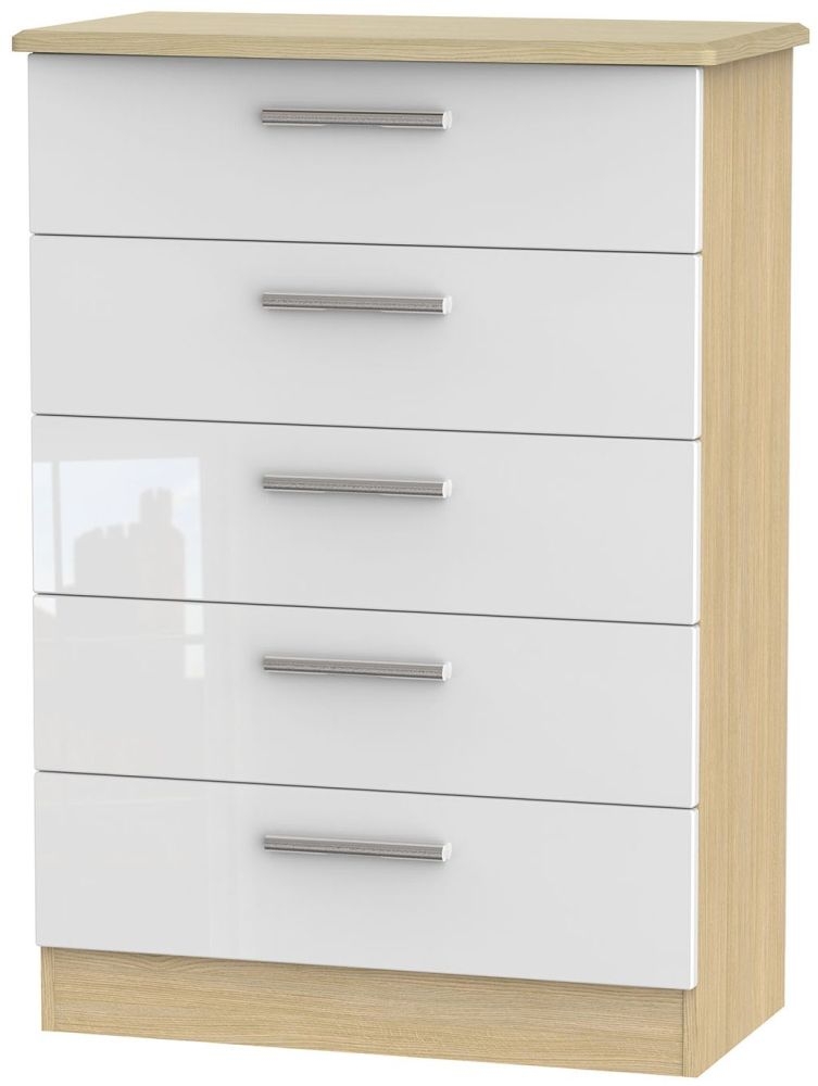 Knightsbridge 5 Drawer Chest High Gloss White And Light Oak