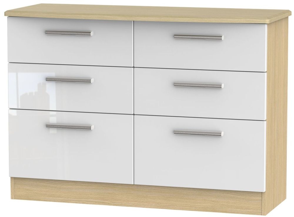 Knightsbridge 6 Drawer Midi Chest High Gloss White And Light Oak