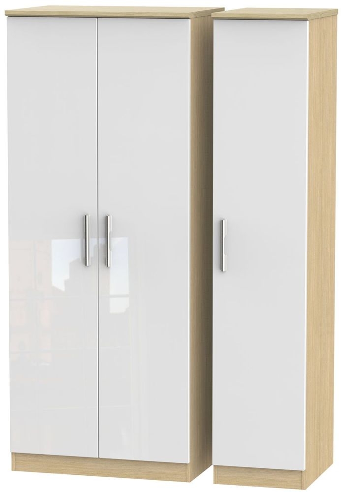 Knightsbridge 3 Door Wardrobe High Gloss White And Light Oak