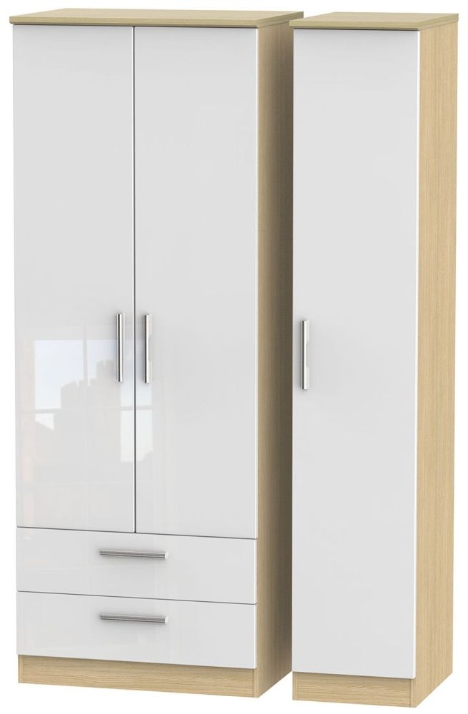 Knightsbridge 3 Door 2 Left Drawer Tall Wardrobe High Gloss White And Light Oak