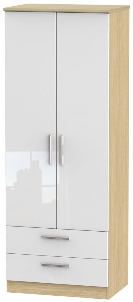 Knightsbridge 2 Door 2 Drawer Tall Wardrobe High Gloss White And Light Oak